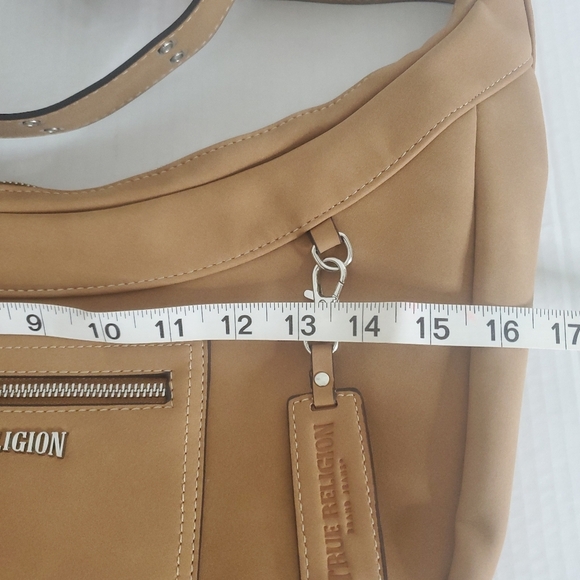 True Religion Suede PU Hobo Crossbody Bag Tan Adjustable Strap Zip Top Y2k Urban - Picture 6 of 15